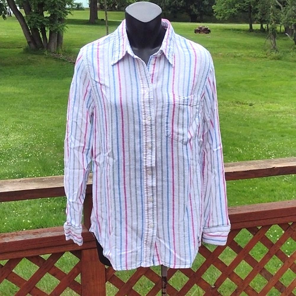 GAP Long Sleeve Striped White Linen Rayon Blend Button Down Shirt Size XS